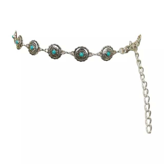 Women Hip Waist Belt Rustic Silver Metal Chain Turquoise Blue Bead Flower S M L