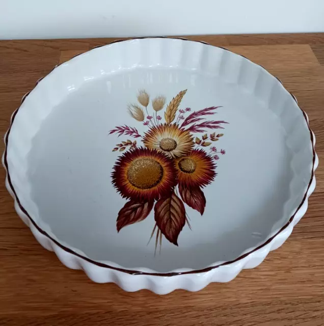 Vintage Quiche Pie Flan Dish Yellow Orange  Autumnal Flowers 1970's Kitchen