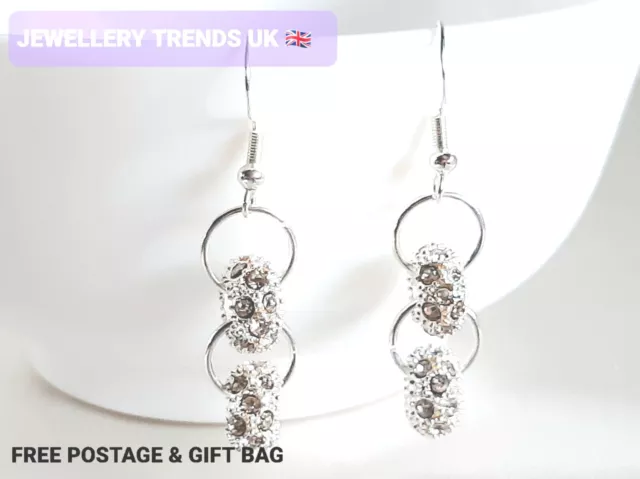 Stunning Rhinestone Beaded Dangle Sparkle Earrings 925 Sterling Silver Hooks.