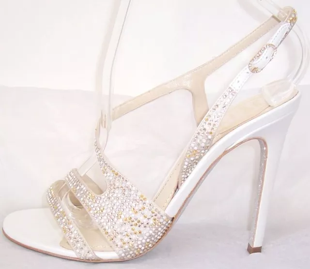 RENE CAOVILLA White Silver Gold Crystal Bead Embellished Sandals Shoes 36.5