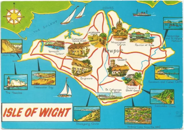 (W104) Picture map of Isle of Wight. Vintage J.Arthur Dixon Postcard