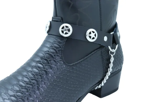 Men Biker Silver Chain Pair Black Band Boot Bracelets 2 Straps Texas Star Charms