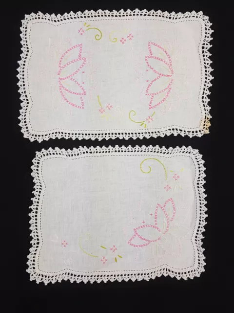 Lot of 2 Vintage Embroidered Cloth Dresser Doily Crochet Lace Pink Flowers