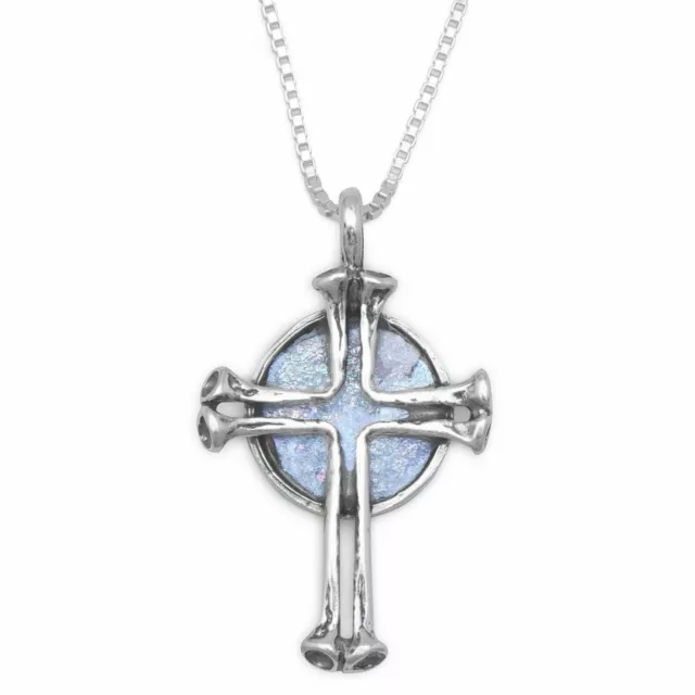 Sterling Silver 18" Round Ancient Roman Glass with Cross Necklace