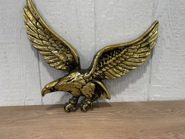 Vtg Brass over Cast metal American Eagle Wall Hanger Decor Gold 18” Wing Span