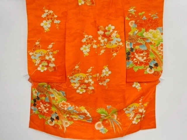 40281# Japanese Kimono / Antique Kimono For Girls / Embroidery / Birds & Flo