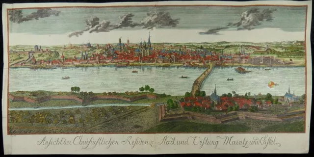 MAINZ GROßE KOL. RADIERUNG PANORAMA ANSICHT JOHANN MICHAEL FREY 1780 KASTEL