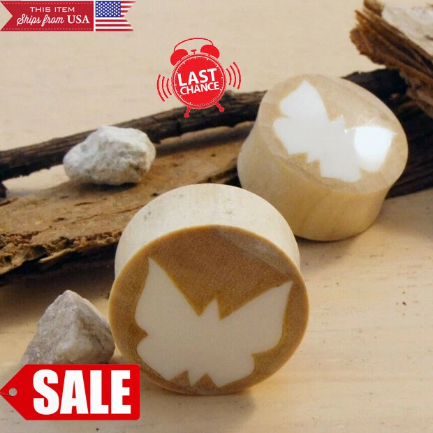 PAIR Crocodile Wood Butterfly Inlay Handmade Double Flare Ear Plugs Gauges 0G-1"