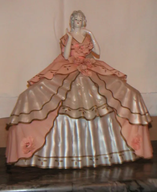 poupée ancienne porcelaine robe celluloïd saumon et crème demi-figurine 