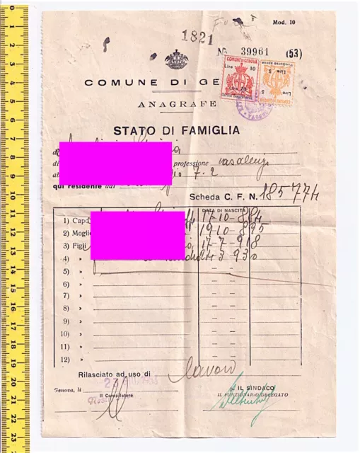 COMUNE DI GENOVA - STATO DI FAMIGLIA documento 1953 con bolli rimborso spese