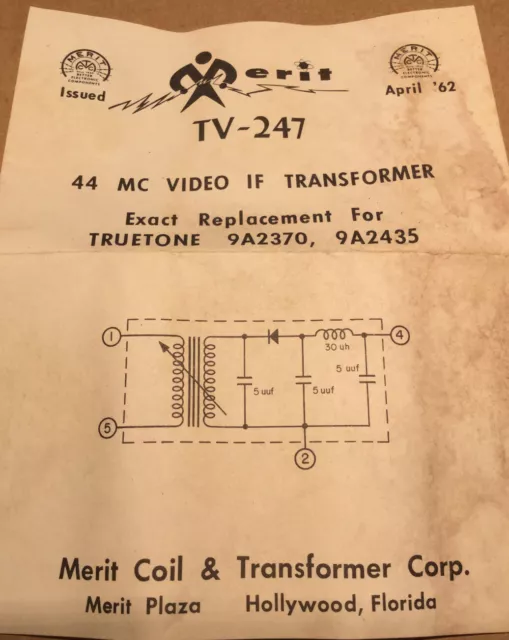 Merit TV-247 44 MC Video IF Transformer Truetone 9A2370 9A2435 3