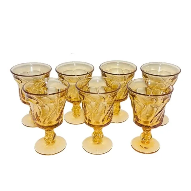 Vtg Seven (7) Fostoria Amber Goblets Jamestown Swirl Glass 3"W x 3 1/2"Dia x 6"H