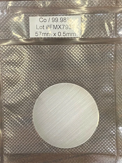 Cobalt SEM Sputter target: Co 99.98% pure, 57mm diameter x 0.5mm thick