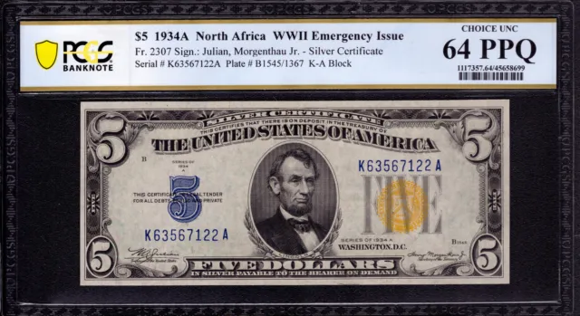 1934 A $5 North Africa Silver Certficate Fr.2307 Ka Block Pcgs Choice Unc 64 Ppq