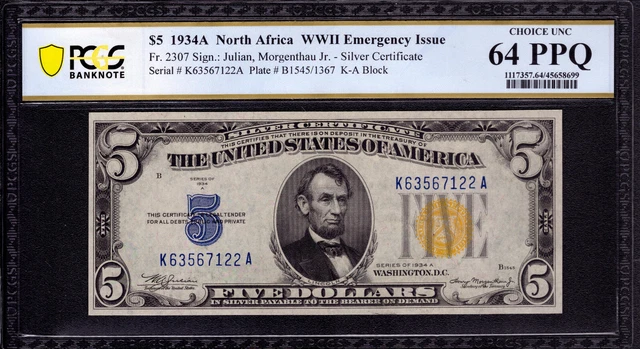 1934 A $5 North Africa Silver Certficate Fr.2307 Ka Block Pcgs Choice Unc 64 Ppq