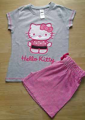 New Girls Hello Kitty Short Pyjamas Grey & Pink Ages 9 10 13 14 Years