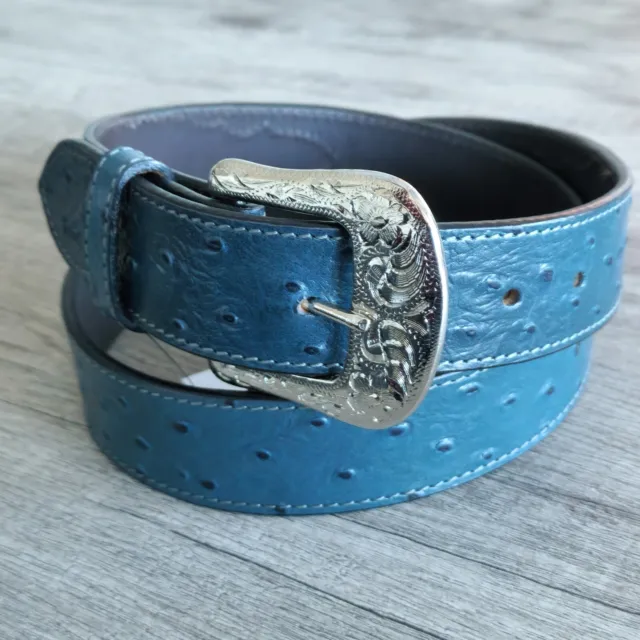 Western Rodeo Blue Ostrich Print Leather Belt  Size 36