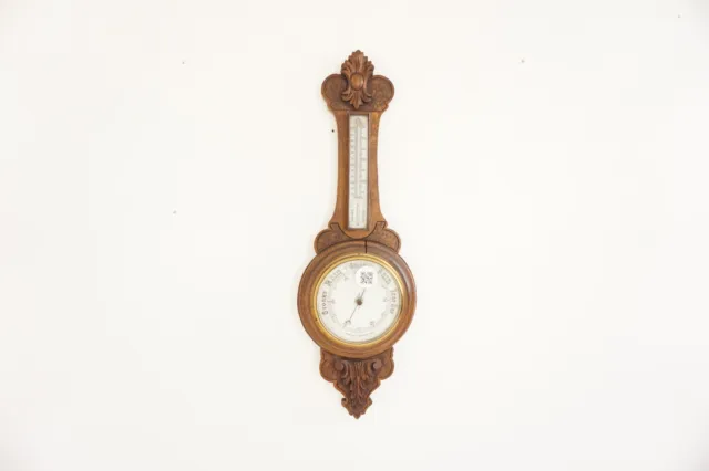 Ant. Victorian Carved Oak Aneroid Barometer, Scotland 1900, H854