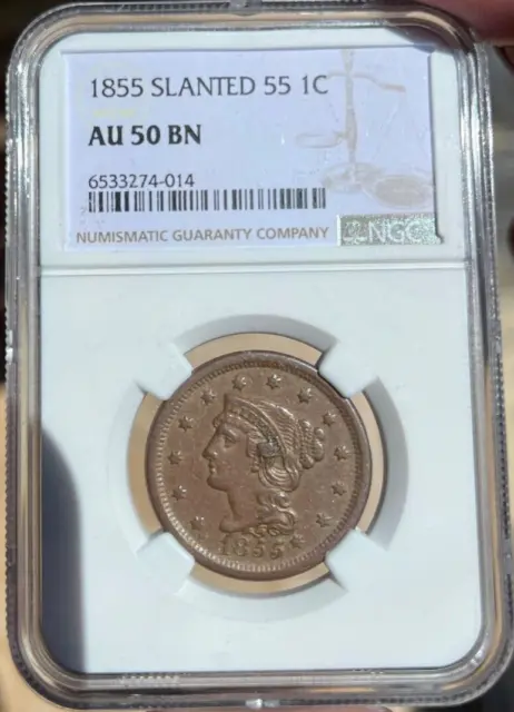 1855 Knob Ear Braided Hair Large Cent NGC AU 50 BN    Freshly Graded