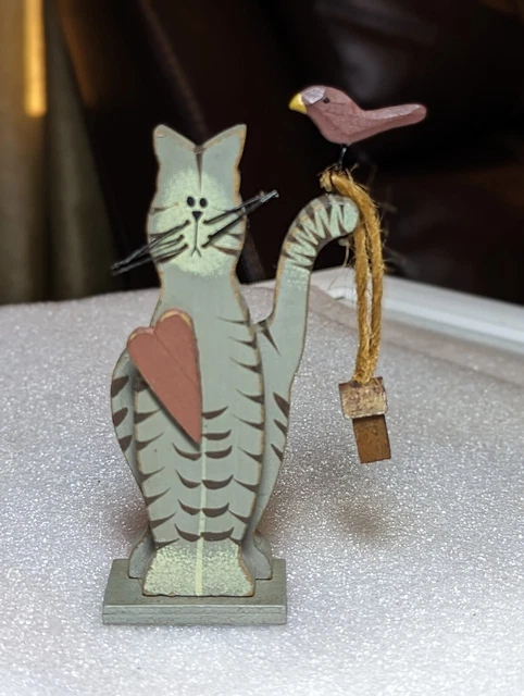 Vintage 4.5" Wood Standing Kitty Cat Figurine With Bird  Handmade Folk Art Decor
