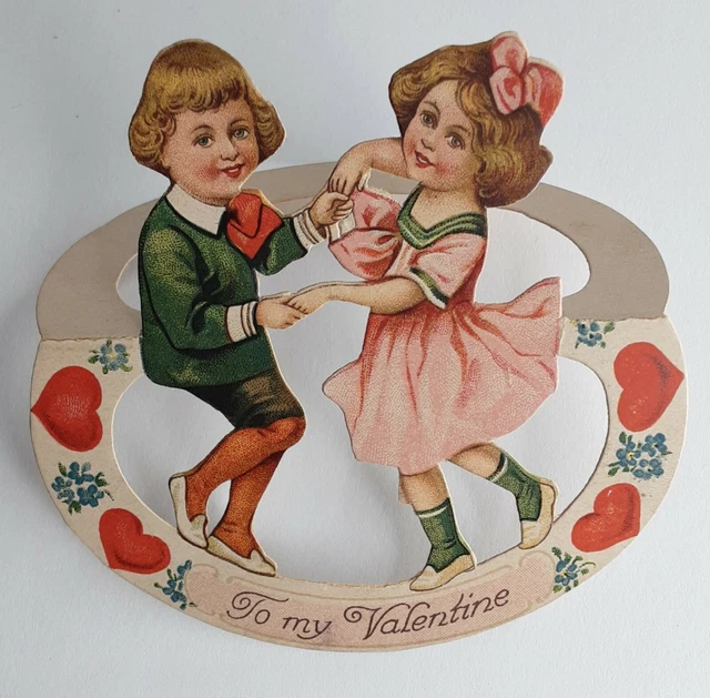 VALENTINE STAND UP Valentines Day Card Boy and Girl Dancing 1920s 14.