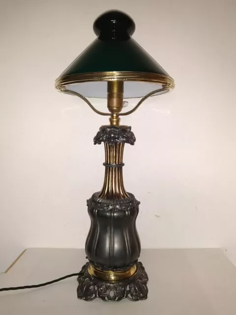 Lampe, Tischlampe, Leselampe aus Zinn, Messing, Glas Schirm,  um 1900