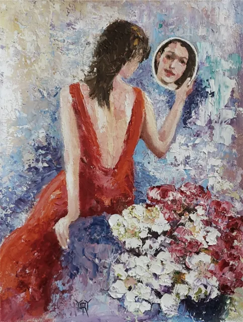 YARY DLUHOS Woman Female Mirror Figure Floral Portrait Original Oil Painting