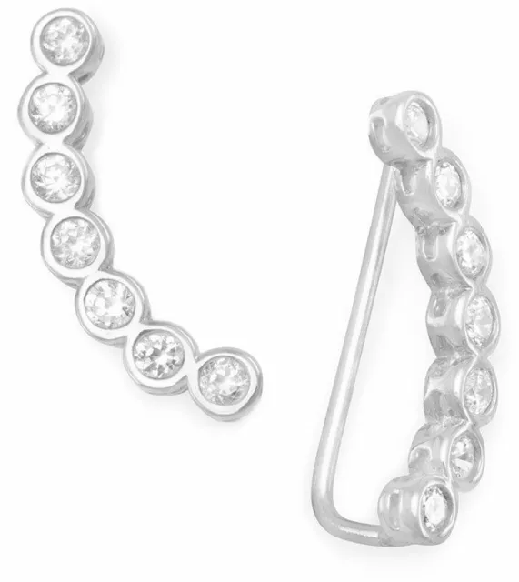 Rhodium Plated Bezel CZ Ear Climbers 925 Sterling Silver