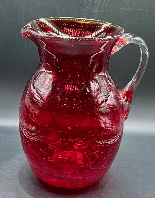 Vintage Pilgrim Glass Hand Blown Red Crackle Glass Pitcher Applied Handle 5”
