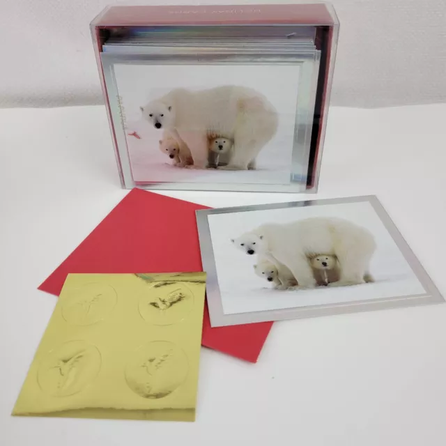 20 Papyrus Christmas Cards Boxed Polar Bear Mama & Cubs, "Happy Holiday Wishes"