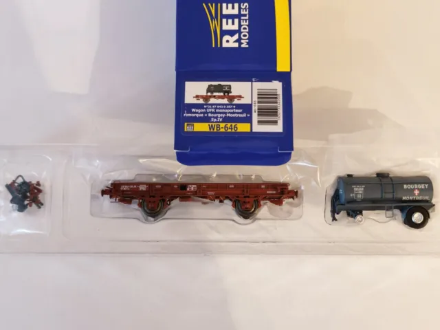 Wagon Plat REE UFR Avec Citerne Bourgey-Montreuil – SNCF époque III, HO 1/87, Comme Neuf