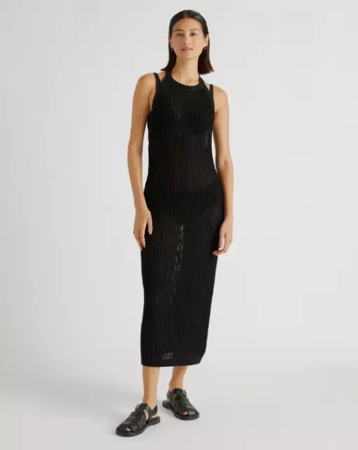 Quince Swim Cover-up Crochet Halter Maxi Dress Black sz S PO Organic Cotton