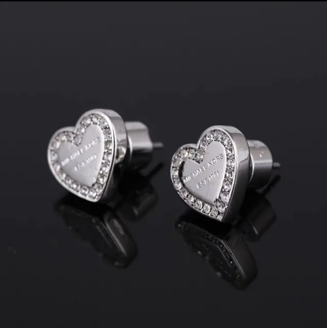 MICHAEL KORS silver Tone Pave Crystals Heart Love Studs Earrings Gift Pouch