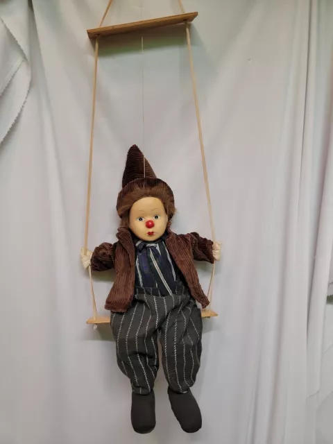 Porcelain Clown Doll Vintage Marionette Sitting On Swing 21"  Decor