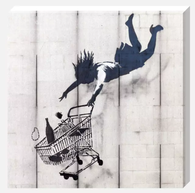 Banksy Shop Till You Drop - Deep Framed 12x12IN Canvas Wall Art Picture Print