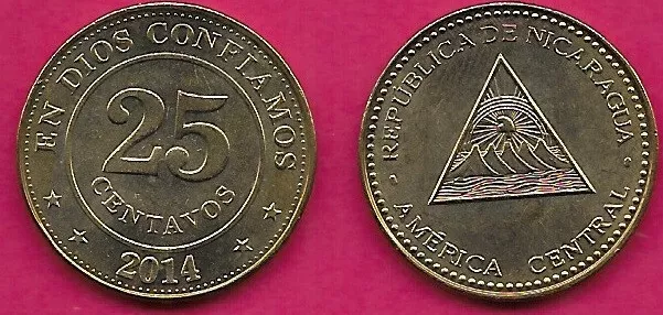 Nicaragua 25 Centavos 2014 Unc Coat Of Arms With Legend Around.value At Center,S