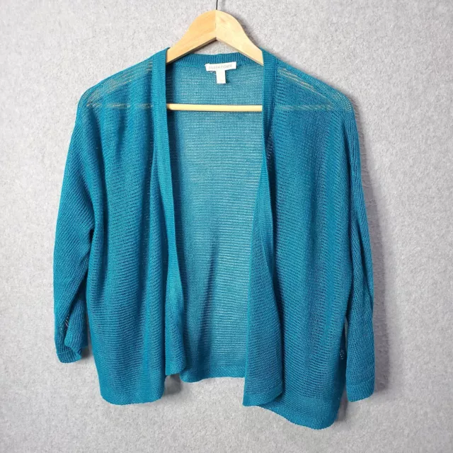 Eileen Fisher Linen Cardigan Sweater Teal Blue Size Small Open Front Open Knit