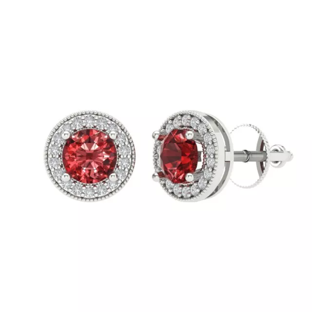 3.6 Round Cut Halo Natural Red Garnet Designer Stud Earrings Real 14k white gold