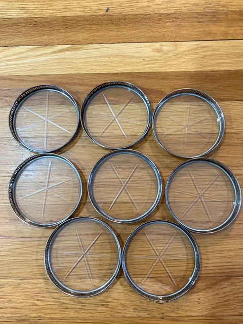 8 Sterling Silver And Etched Glass Coasters