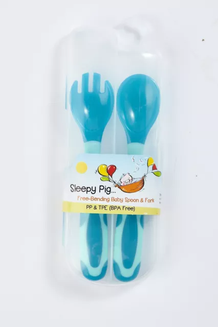 Sleepy Pig Bendable Baby Toddlers Spoon Fork Set Utensils Case Feeding