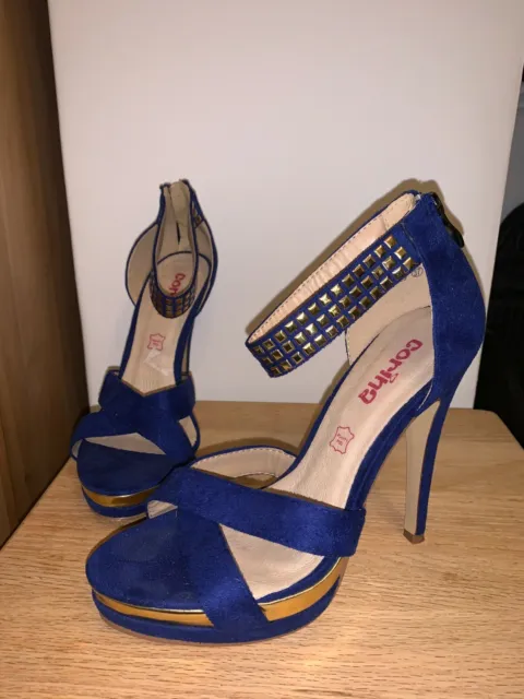 Ladies Size 4 (37) Blue With Studs High Heeled Shoes - Purchased In Spain