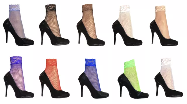 2 Pairs Ladies Sexy Fishnet Low Cut Bright Colourful Ankle Socks with Lace Trim