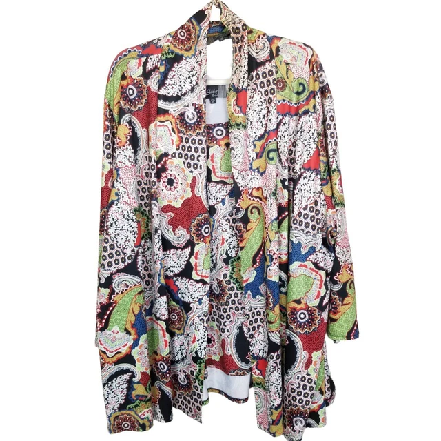 Slinky Brand Womens 3X Multicolor Paisley Print 2-Piece Tank Top Jacket Set Open