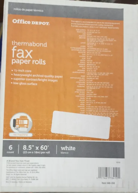 Office Thermabond Fax Paper 60 Ft Roll 1/2" Core - 6 Rolls #546-358