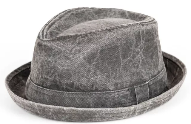 Mens Denim Cotton Diamond Crown Pork Pie Trilby Hat. fast UK post