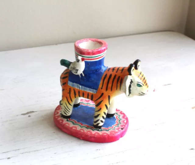 Mexico Made Matte Clay Hand Painted Tiger Candleholder Folk Art Tree of Life