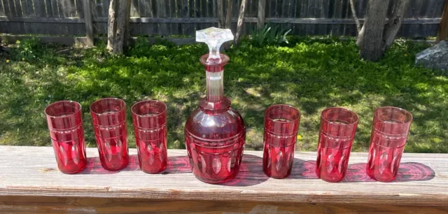 Val St Lambert Kent York Cut Glass Cranberry to Clear Decanter and 6 Tumblers