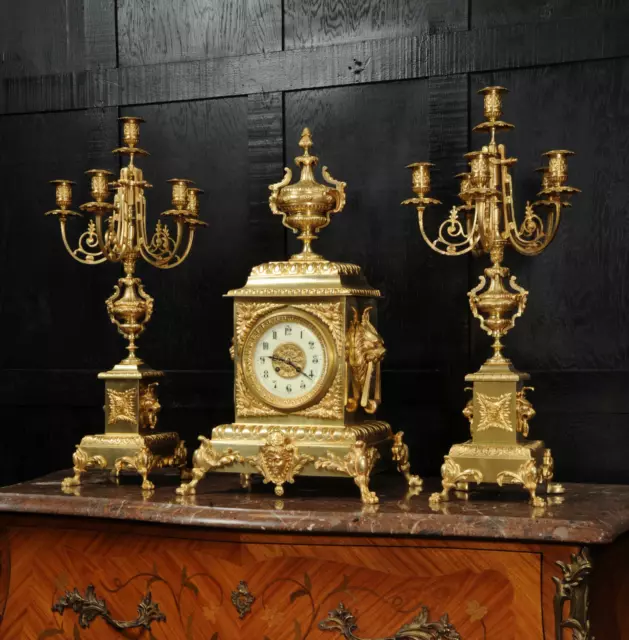 Huge Antique French Gilt Bronze Classical Clock Set