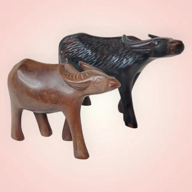 Pair of Vintage Hand Carved ebony teak buffalo 2 sizes mother and calf