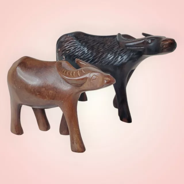 Pair of Vintage Hand Carved ebony teak buffalo 2 sizes mother and calf